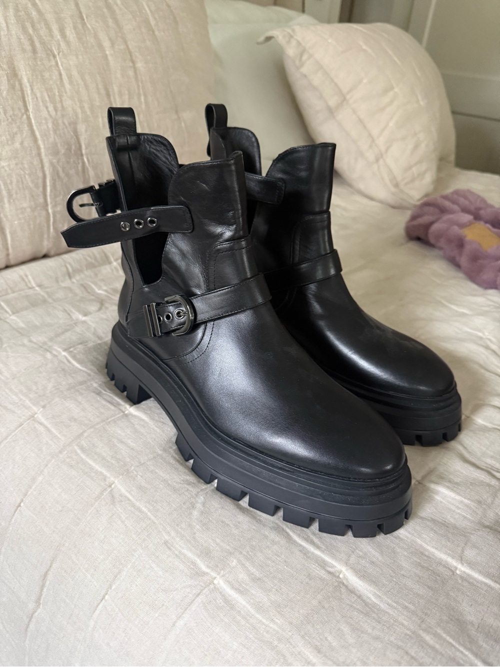 Stuart Weitzman Black Leather Lug-Sole Moto Boots booties